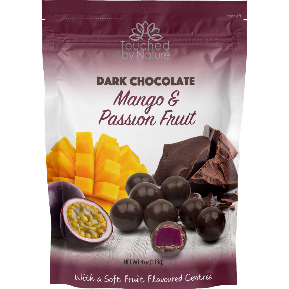 MANGO & PASSION - FRUIT DARK CHOCOLATE COVERED SOFT FRUIT FLAVOURED CENTER